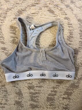 ALO Yoga Grey Ribbed Racerback Sports Bra with White Logo Band XS